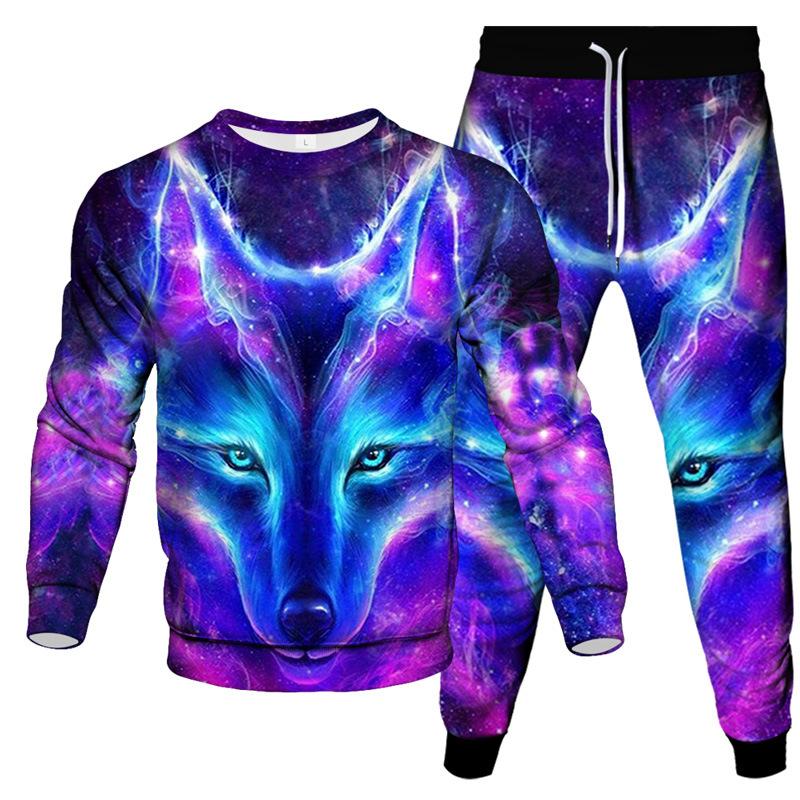 Spring Autumn Dazzle Wolf 3D Print Sportswear Set Casual T Shirt Pants 2-Piece Set Oversize Pullover Hip Hop Unisex Clothing