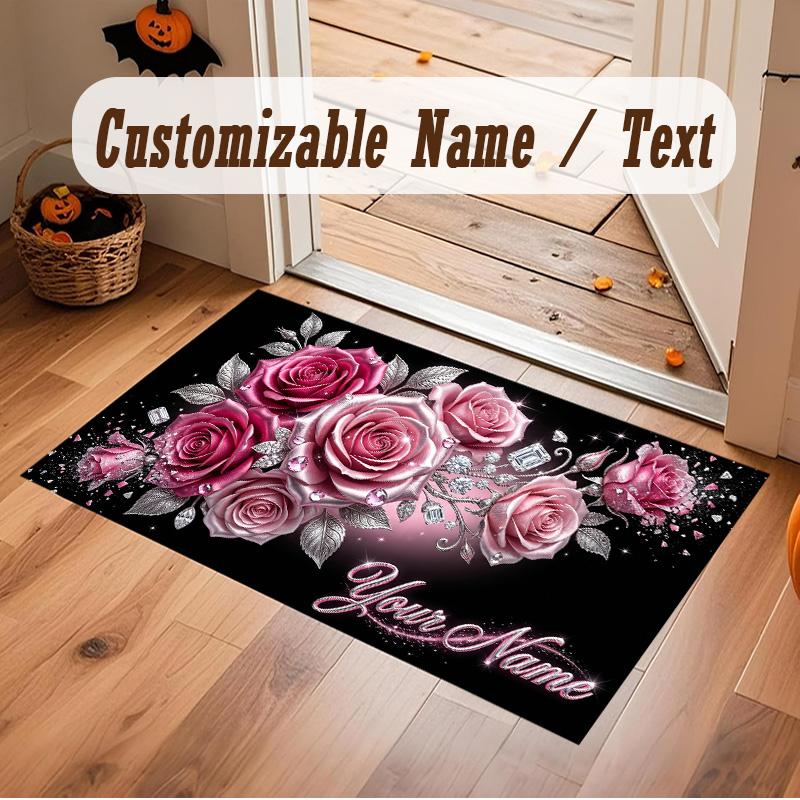 Floral Garden Theme Soft Crystal Velvet Rug Custom Name & Text Print Non Slip Floor Rug for Bedroom Living Room