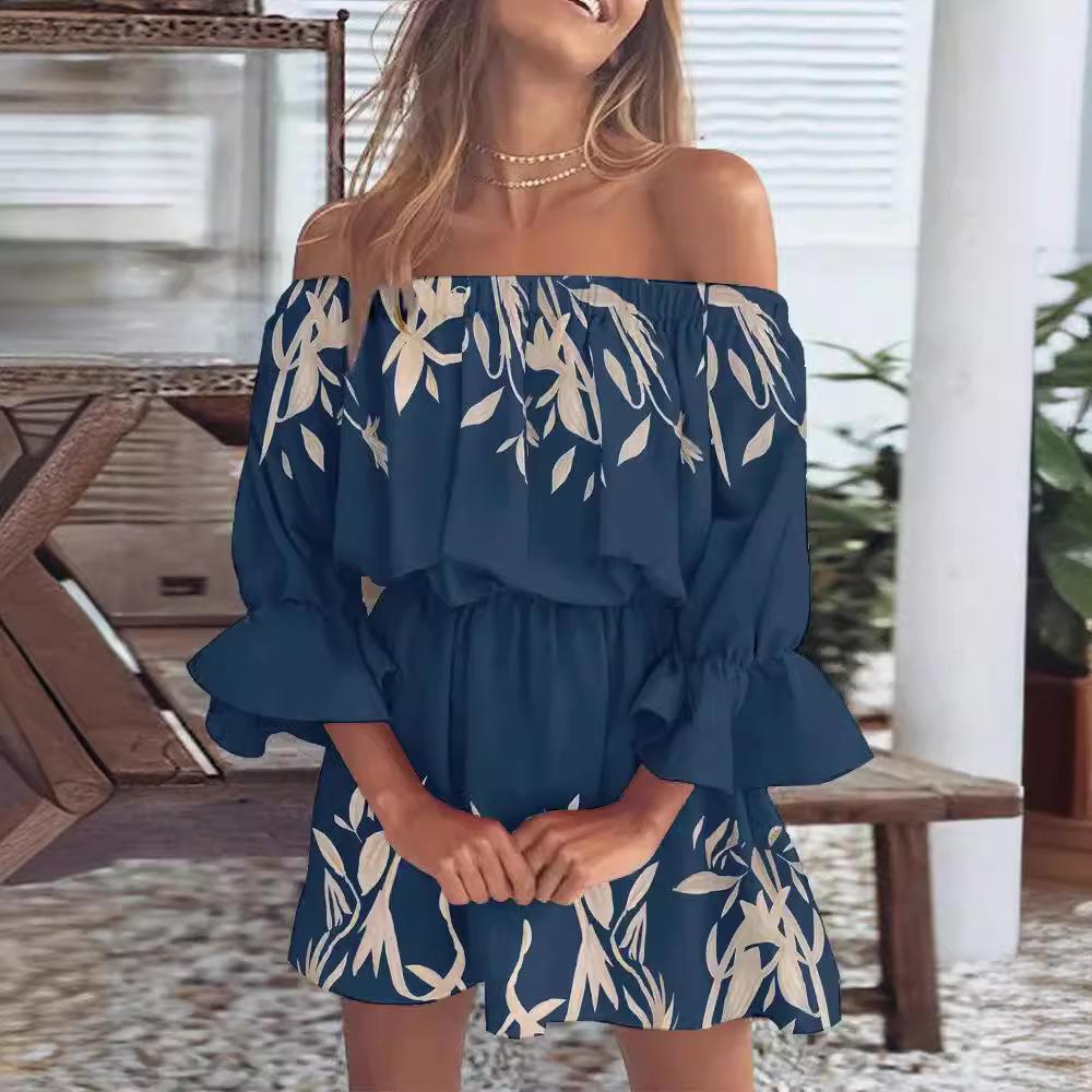 

Women s Off Shoulder Ruffle Hem Mini Dress with Puff Sleeves and Floral/Feather/Tropical Print for Summer Beach or Party Wear 3XL темно-синього кольору
