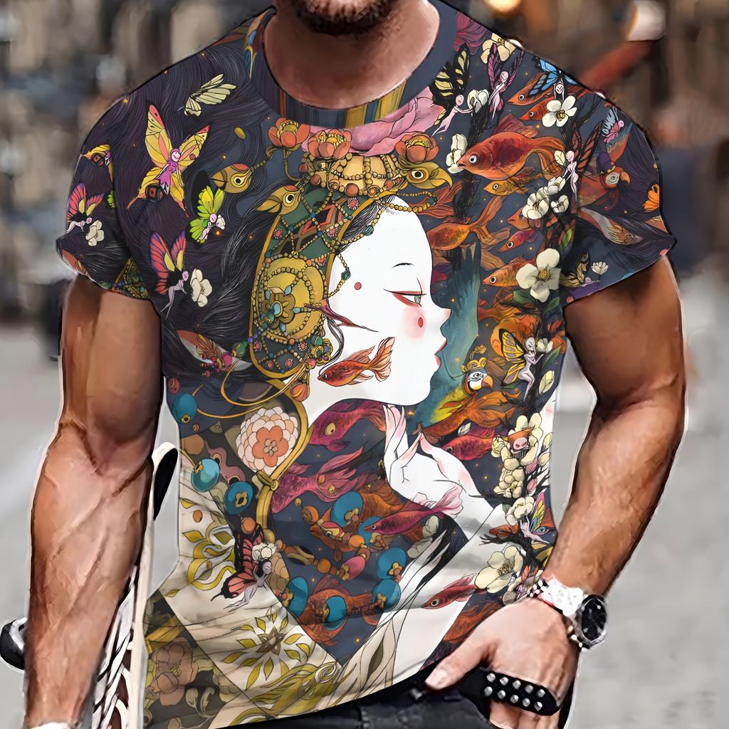 Japanese Style Female Pattern 3D Printed Crew Neck Short Sleeve T-shirt For Men, Casual Summer T-Shirt For Daily Wear And Vacation Resorts