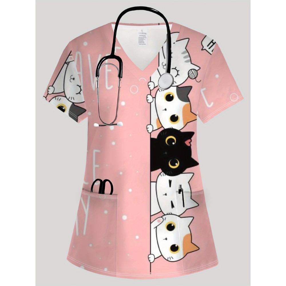 Surgical Uniforms Woman Elegant Fashion Womens Print V-Neck Short Sleeve Nursing Summer Comfortable Vet Clinical Uniforms Woman