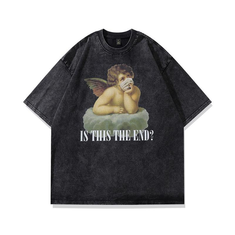 Harajuku Japanese Street Cartoon Print Old Short-Sleeved T-Shirt Men'S Trendy Brand Hip-Hop Loose Washed Five-Quarter Sleeve T-Shirt