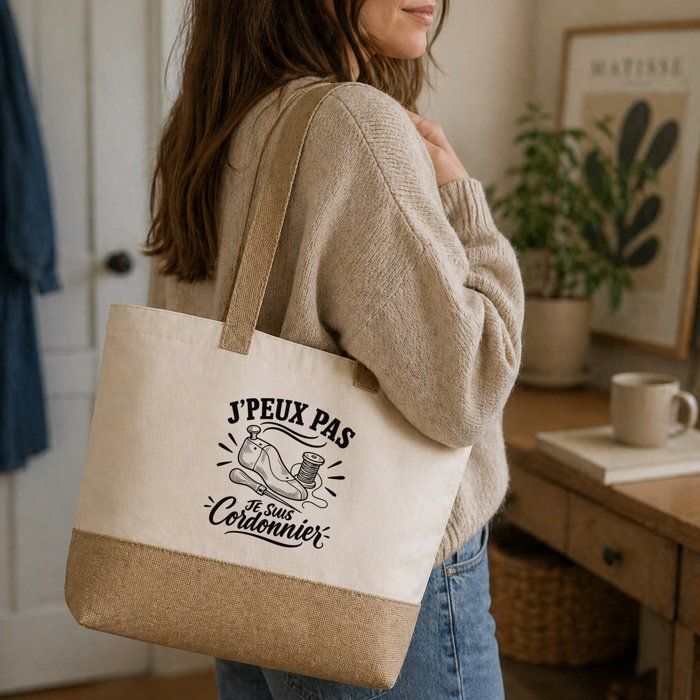 Sac J’peux pas je suis Cordonnier J'peux pas minimaliste | Cabas en Coton avec Fond Jute 18 L 48 × 37 × 13 cm | Marché Shopping