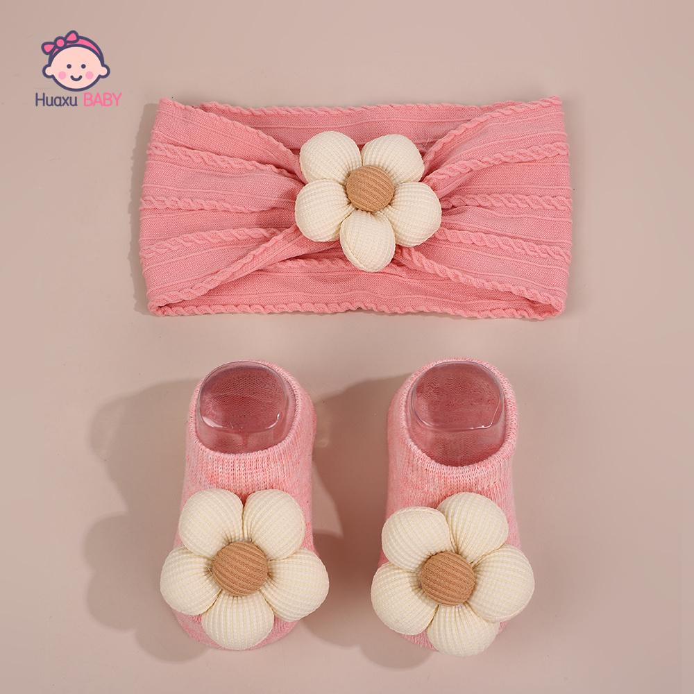 2 Stück/Set Blume Baby Stirnband Socken Set Weiches Nylon Haarband für Neugeborenes Mädchen Elastischer Floraler Turban Kurze Socke Baby Accessoires
