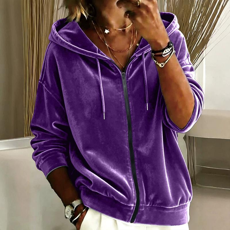 Women'S Solid Color Velour Zip Up Hoodie Carsigan Long Sleeve Velvet Hooded Jacket Casual Loose Fit Sweatshirt Fall Outerwear