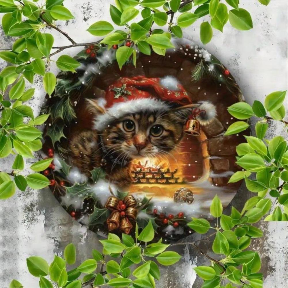 Vintage Christmas Cat Metal Sign Wall Decor Indoor Outdoor Humorous Feline Foil Embossed Holiday Art