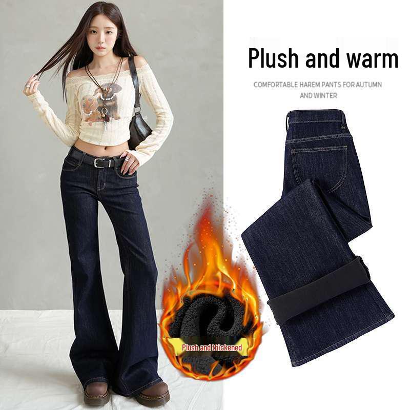 Fleece-Lined Dark Blue Low-Rise Micro-Flare Jeans for Autumn/Winter, Similar Style to Black Cow Flare Pants Medium