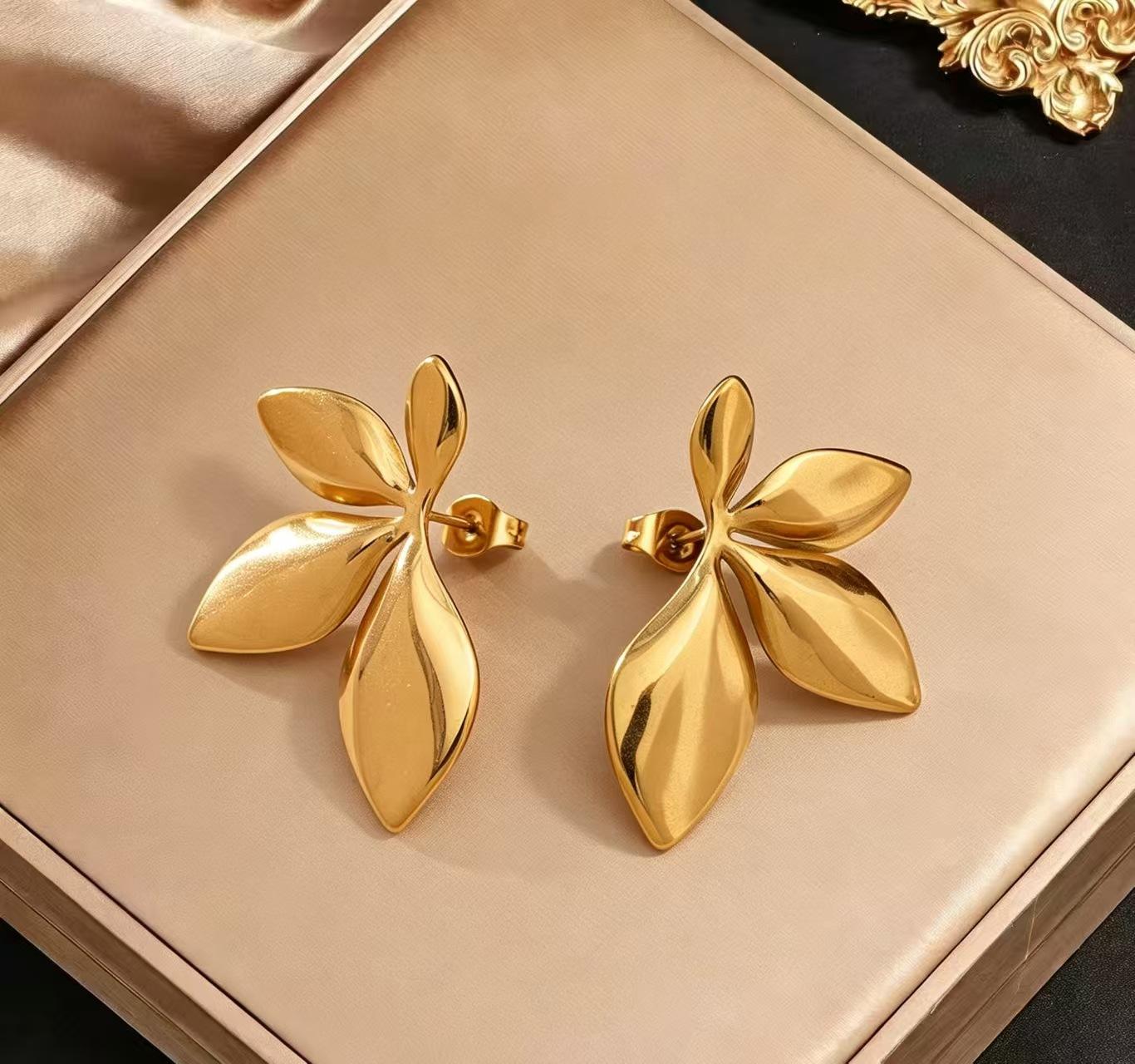 European and American dripping oil leaf earrings retro temperament flower stainless steel simple petal earrings