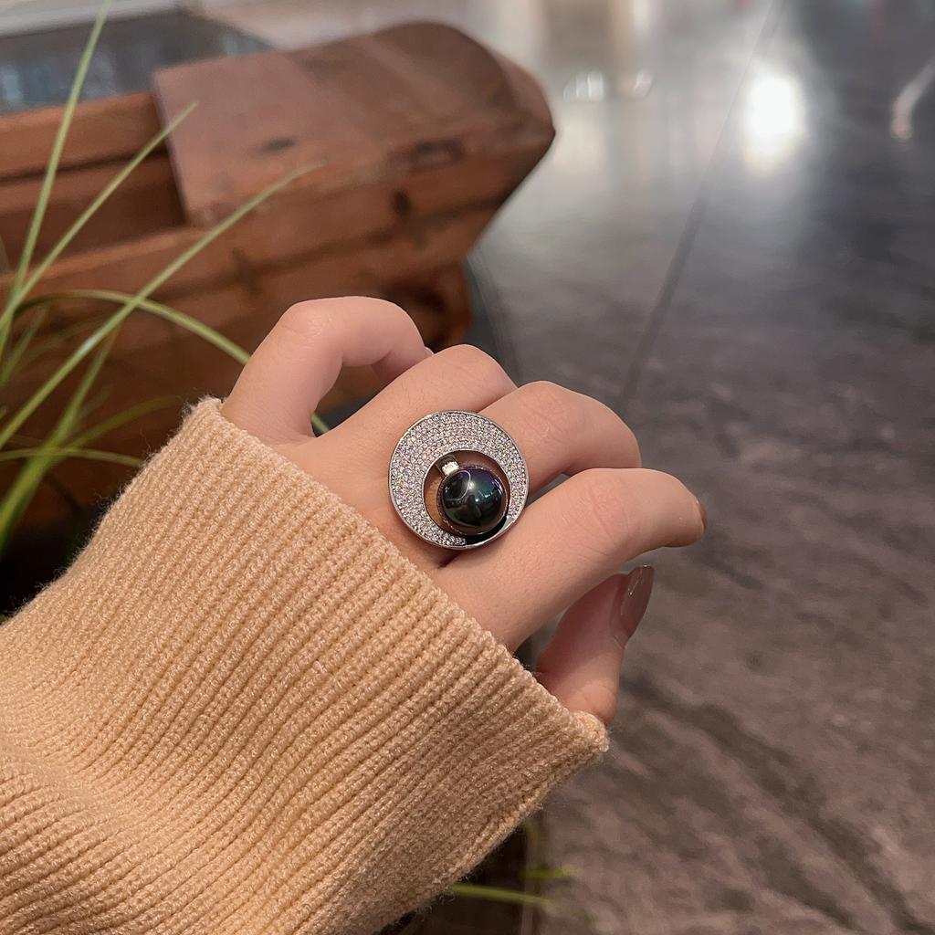 Imitation Tahitian Black Pearl Ring Opening Starry Aurora Light Luxury Temperament High-End Feeling Full Of Diamonds