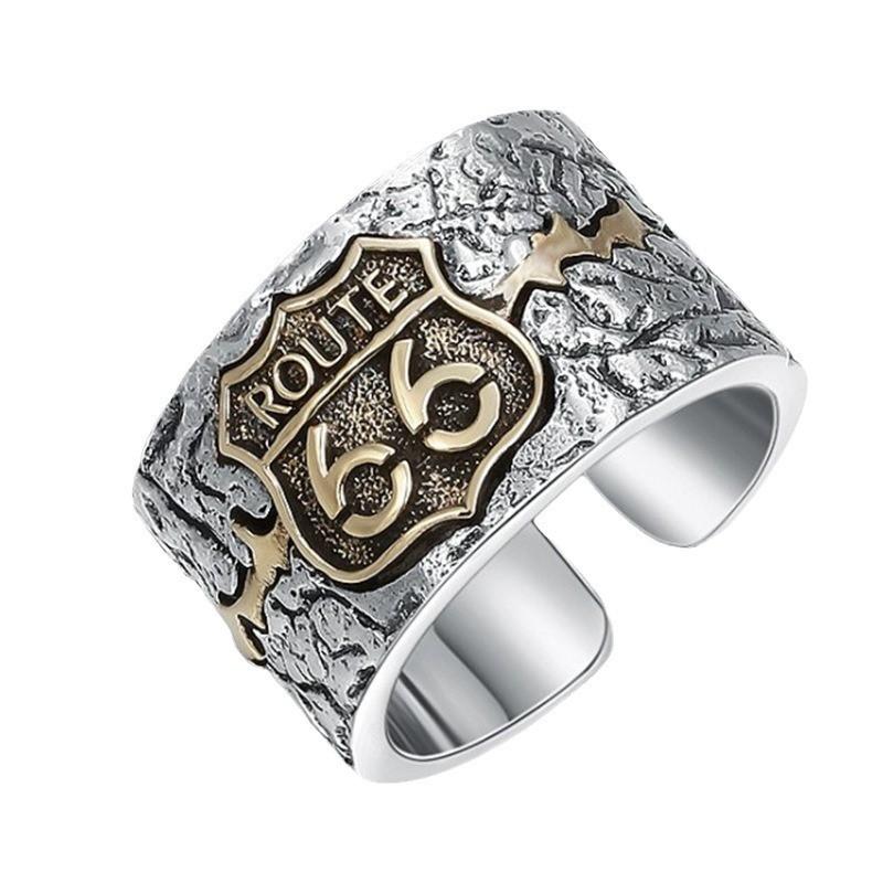 Unisex Vintage Punk Sterling Adjustable Ring With Route 66 Geometric Design