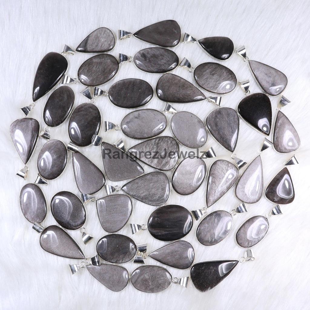 Natural Silver Sheen Obsidian Pendant Bulk Wholesale Bezel Pendant Necklace Making For Silver Jewelry Supply 925 Sterling Silver Pendant