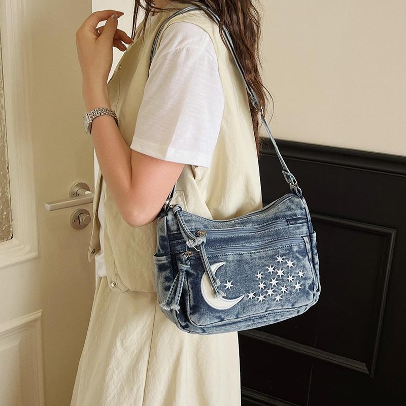 Borsa di Jeans a Spalla Singola Multi-cerniere Borsa a Tracolla Retrò Borsa per Mamma di Mezza Età