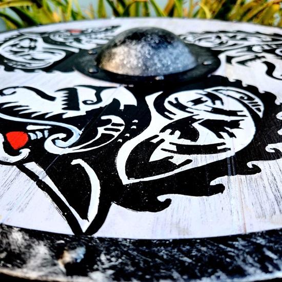 60.96 Cm Wooden Shield Dragon Print Medieval Viking Shield Replica Valhalla Shield Fenrir Gray Battle Worn Shield