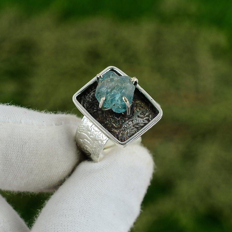 Gift For Her 925 Silver Natural Aquamarine Rough Promise Adjustable Ring Adjustable