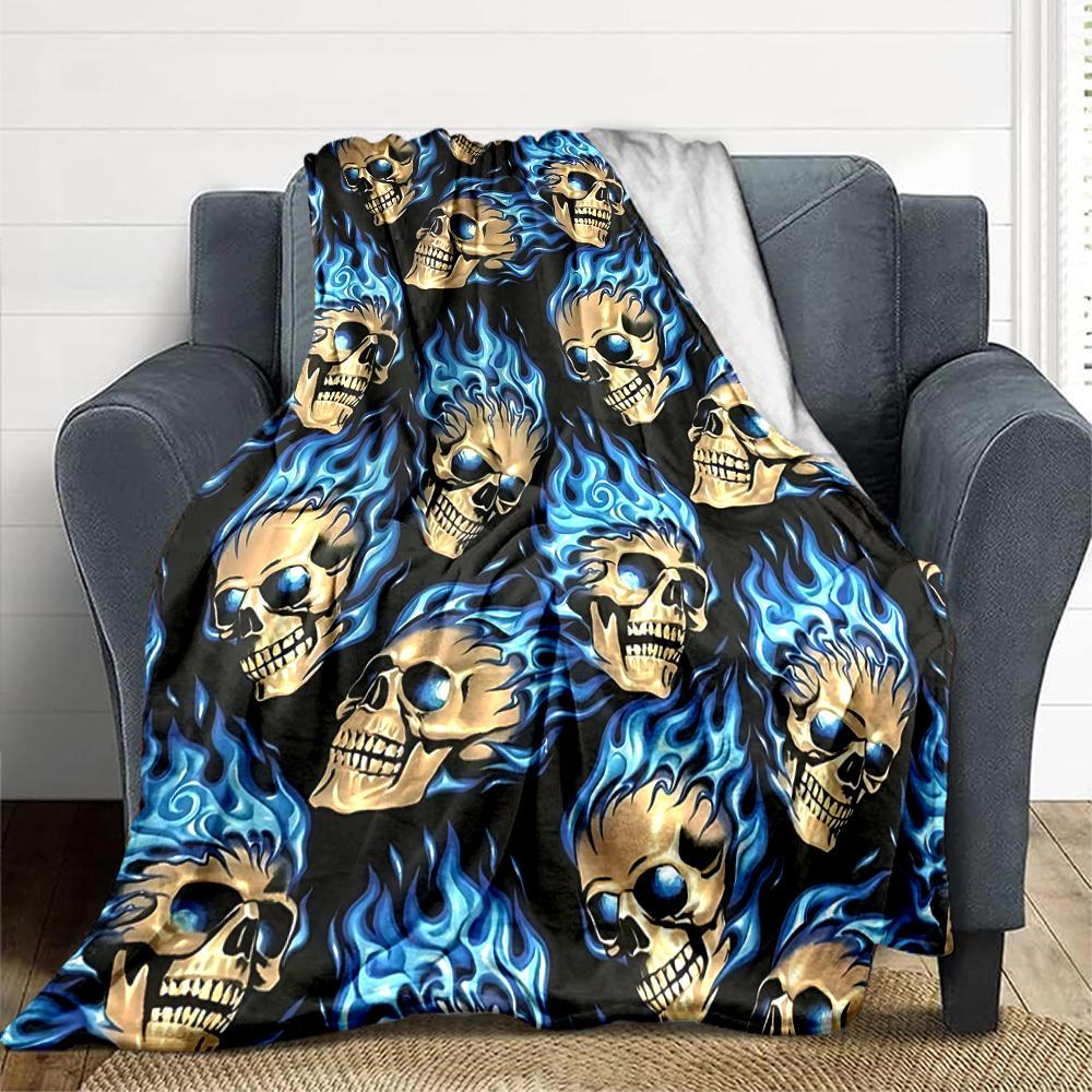 1pc Flame Skulls Blanket, Lightweight Flannel Throw Blanket For Sofa, Bed, Travel, Camping, Living Room, Office, Couch, Chair, And Bed