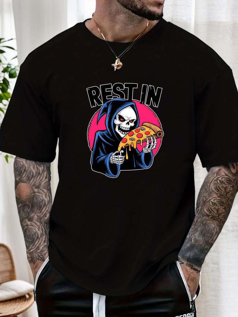 Mens Casual Tshirt Grim Reaper Pizza REST IN Print Short Sleeve Round Neck Breathable Oversized Daily Wear Tee