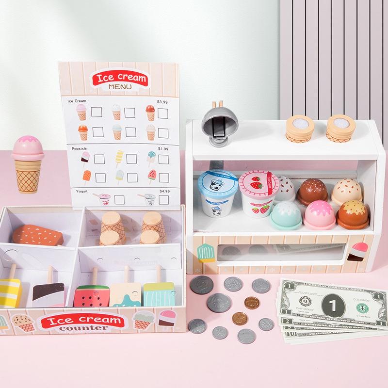 Wooden Ice Cream Shop Pretend Play Toy Set For Kids Mini Role Play Ice Cream Vending Machine With Sweet Cone Ice Cream Decorations