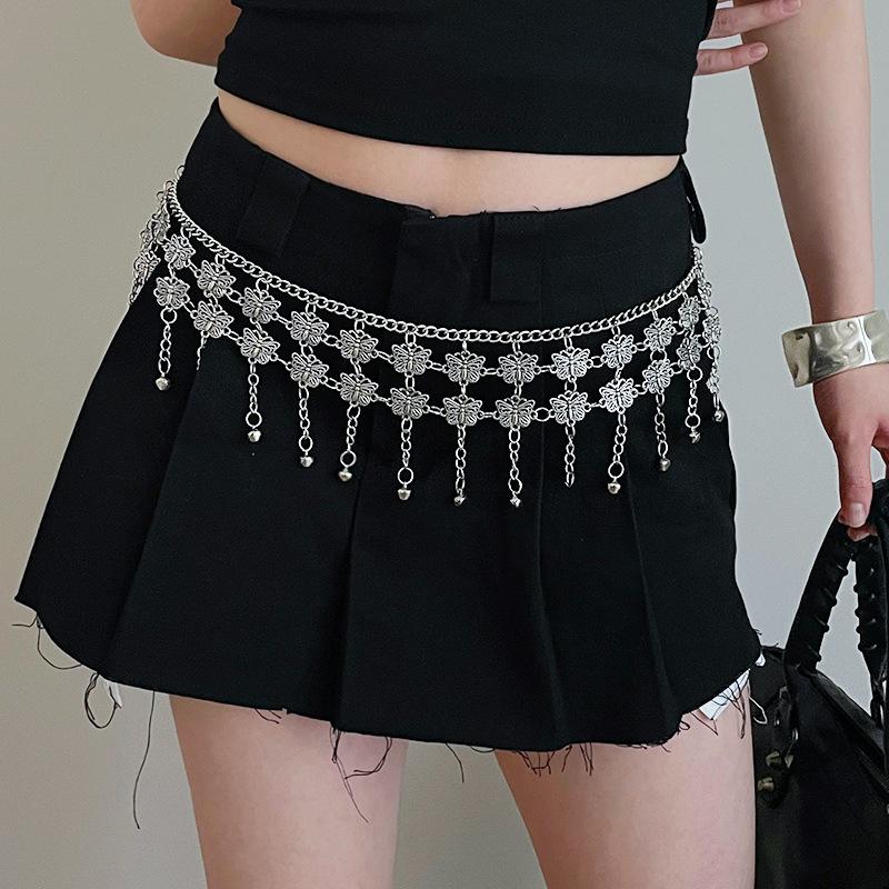 

Ретро Этнический Стиль Двухслойная Бахрома-Бабочка Цепочка на Талию Женский Дизайн Цепочка с Подвеской-Колокольчиком для Юбки Пояс серебряный