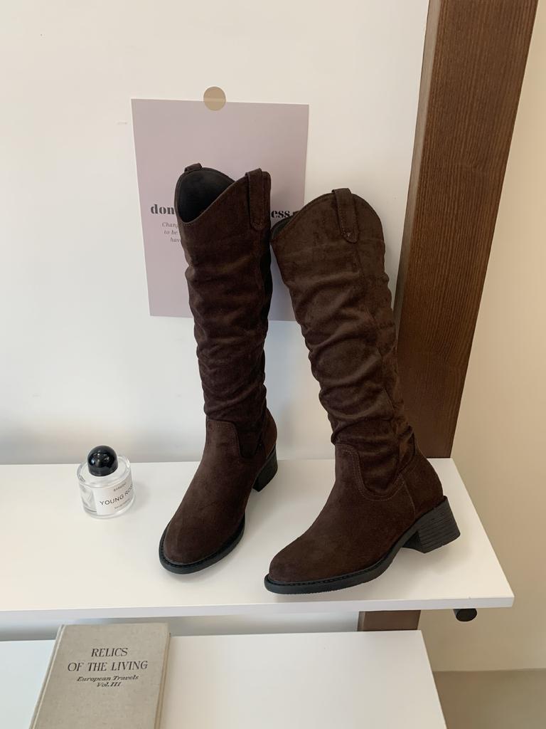 Coarse Heel Suede Khaki Pile Pleated Knight Boots Women's Shoes New Autumn and Winter Long Boots