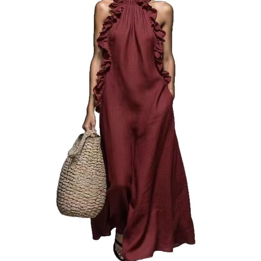2026 Summer Halter Neck Ruffle Sleeveless Slimming Dress with Pockets