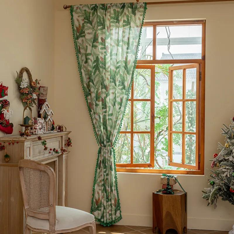 Panouri Cortină Bumbac In Conuri de Pin cu Ciucuri Verzi Izolate Termic Draperii de Fereastră Boho Decorațiuni de Crăciun pentru Living Dormitor
