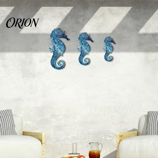 Gift for Ocean Lovers 3Pcs Wooden Seahorse Wall Decor, Coastal Home Sculpture, 2D Flat Bedroom Living Room Art Mediterranean Style Hanging Bathroom