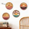 Living Room Wall Aesthetic 4Pcs Boho Sunset Art, Abstract Landscape Round Hanging Ornaments, Interior Design Soft Furnishings Wooden Decor for Bedroom