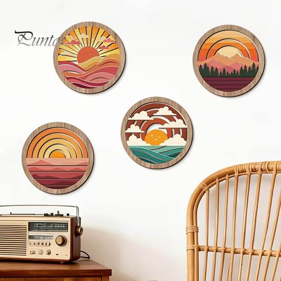 Living Room Wall Aesthetic 4Pcs Boho Sunset Art, Abstract Landscape Round Hanging Ornaments, Interior Design Soft Furnishings Wooden Decor for Bedroom
