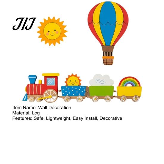 Decorative Wood Wall Shapes 4Pcs Cartoon Train Hot Air Balloon 3D Wooden Decor, Colorful Kids Sun Rainbow Cloud Art Room Hanging, Nursery Educational