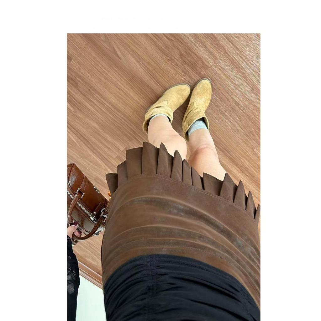 Autumn/Winter High-End Suede Pleated Coffee A-Line Short Skirt for Plus Size Women
