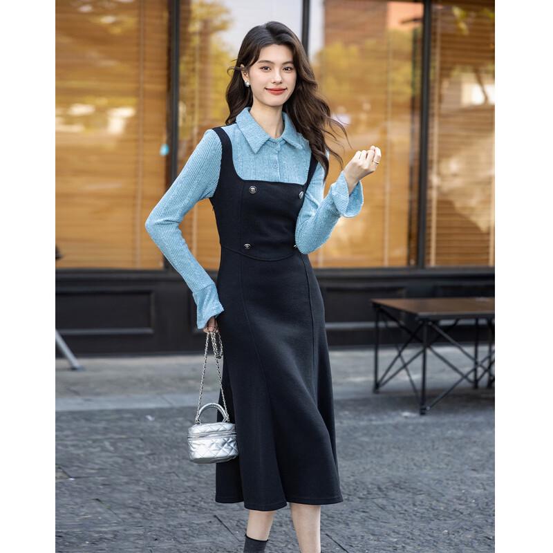 

Mokana Women s Designer Faux Two-Piece Long Sleeve Mid-Length Dress M