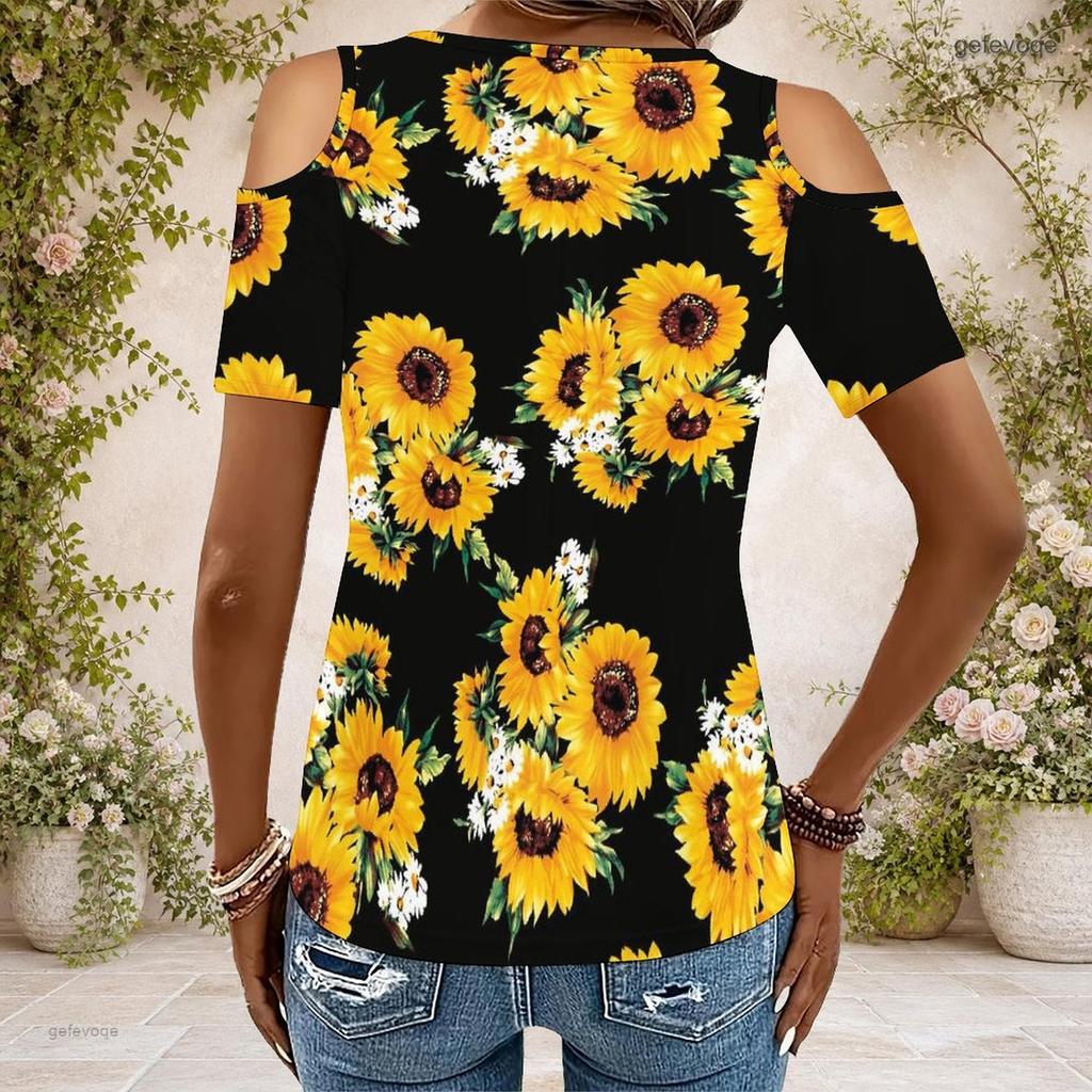 Damen Übergröße Schlüsselloch Ringhals Kalte Schulter Kurzarm Tintenspritzer Druck T-Shirt