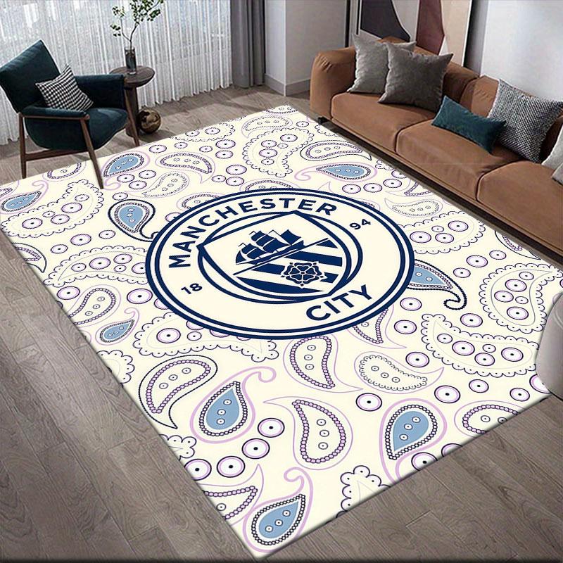 Man City Flannel Printed Carpet, Home Sofa Decoration for Living Room & Bedroom, Non‑Slip Play Flannel Floor Mat for Game Room