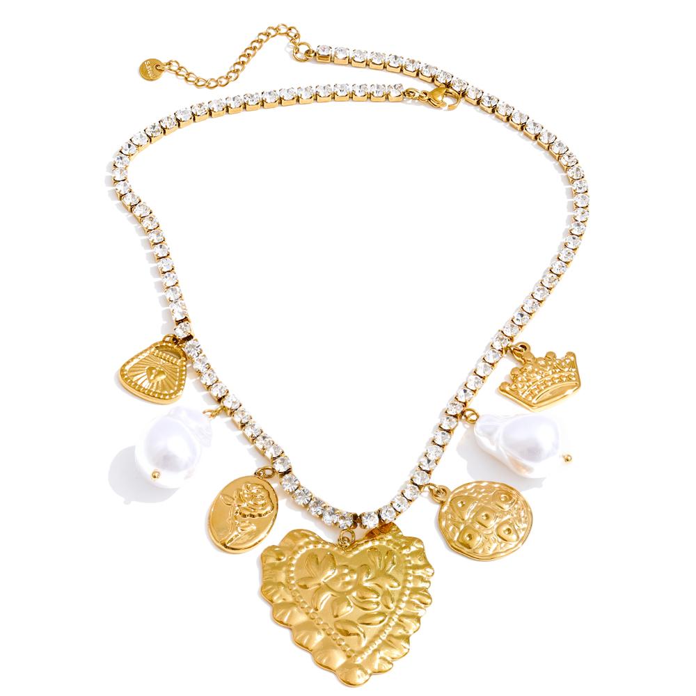 Yhpup High Quality Cubic Zirconia Chain Flower Heart Pendant Necklace Stainless Steel Popular Premium Jewelry Recommend