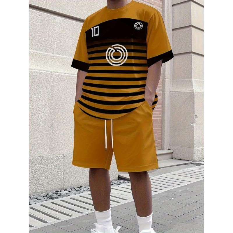 Men s Modern Art Style Summer Ensemble: Unique Geometric Print T-Shirt and Shorts. Stylish Streetwear for Outdoor Sports and Beach Holiday S жёлтый