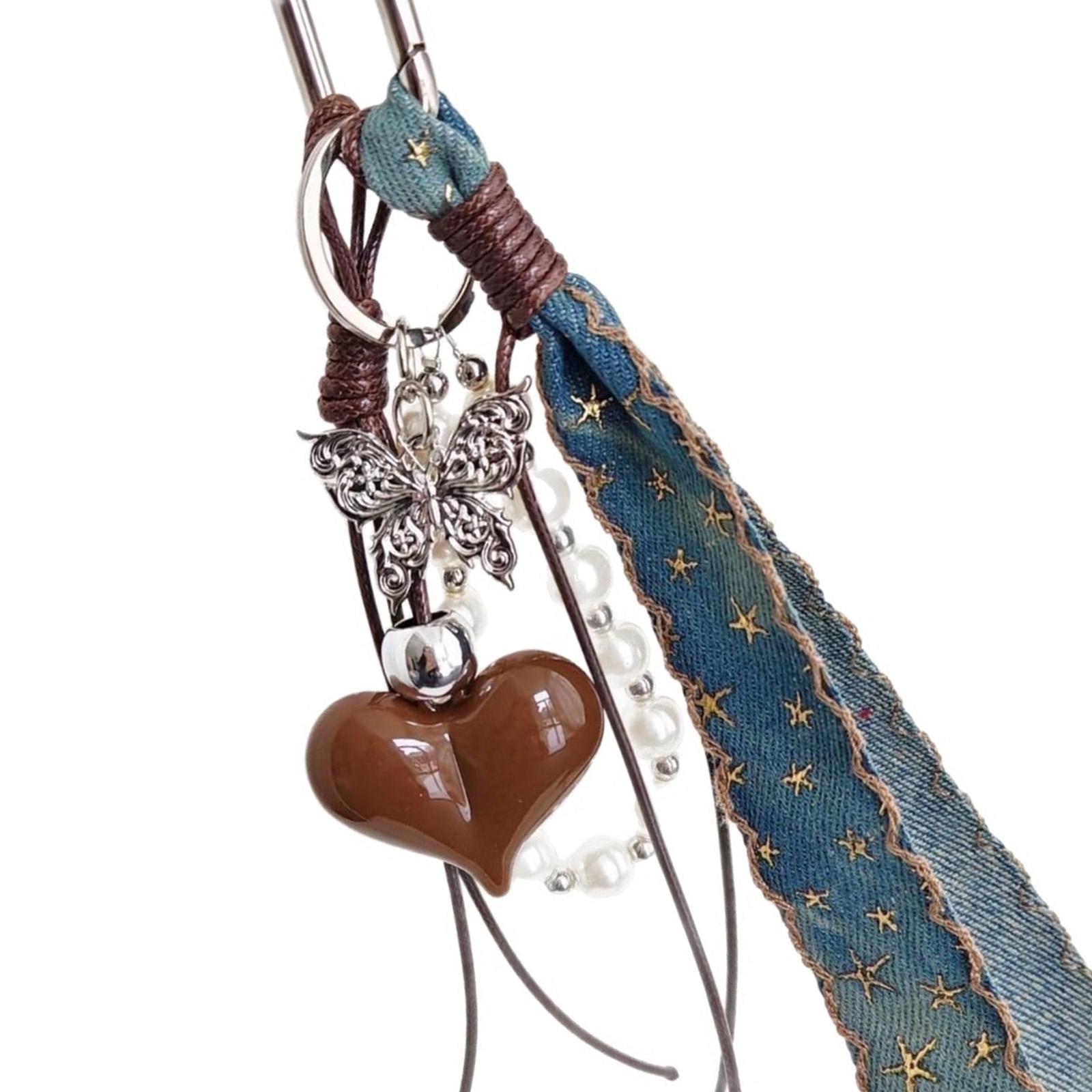 

Braided Rope Keychain With Butterfly and Heart Designs Denims Jewelry Accessor for Bag Charm Gift