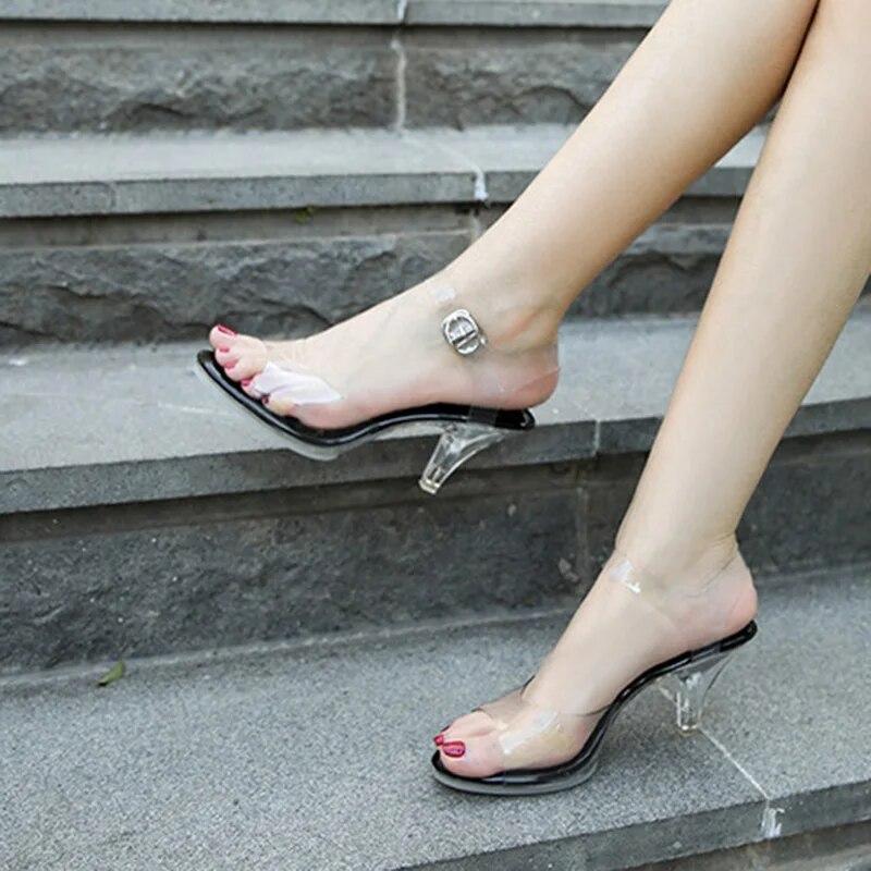 Stilettoskor för damer med lång mun Kristall Transparent korsrem Mode 7 cm Klack 1 cm Plattform WZ