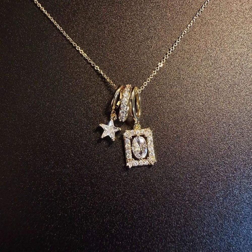 Decoration Star Pendant Necklace Crystal Zircon Collarbone Chain Vintage Square Necklace  Daily