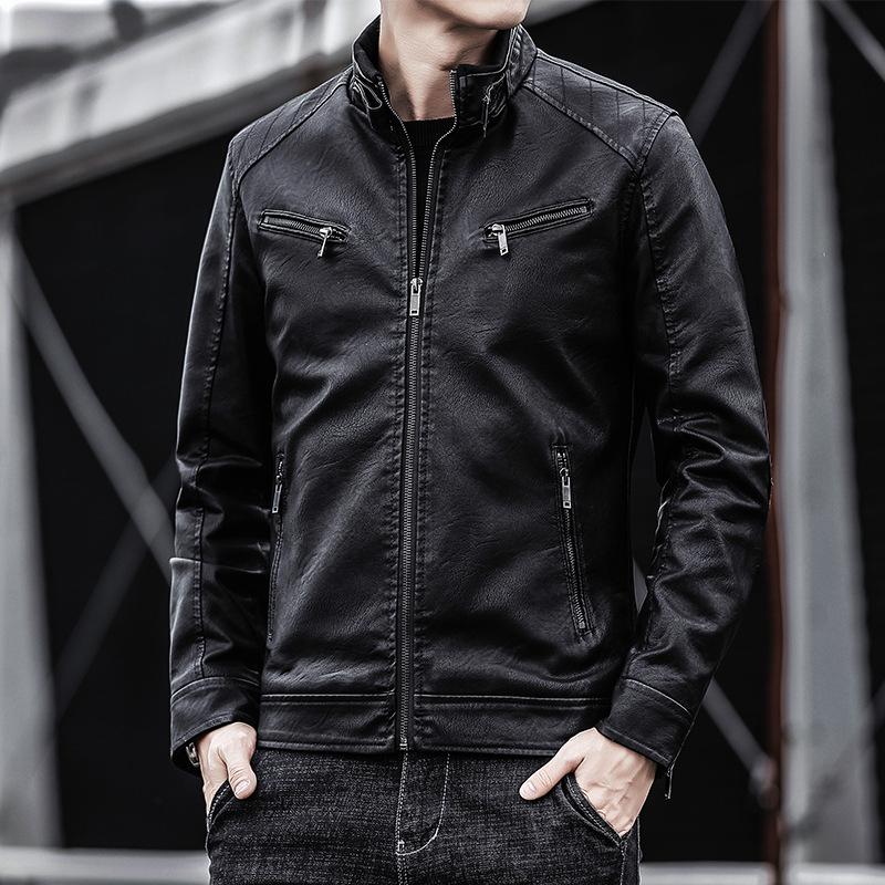 Spring and Autumn Men's PU Leather Jacket Men's Casual Men's Clothing Stand-up Collar Slim-fit Locomotive Leather Jacket Pu Jacket Men's Youth