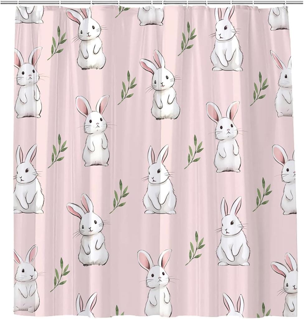 Rabbit Shower Curtain for Bathroom Easter Bunny Farm Animals Rustic Plants Green Leaves Cute Cartoon Wildlife Bathroom Decor