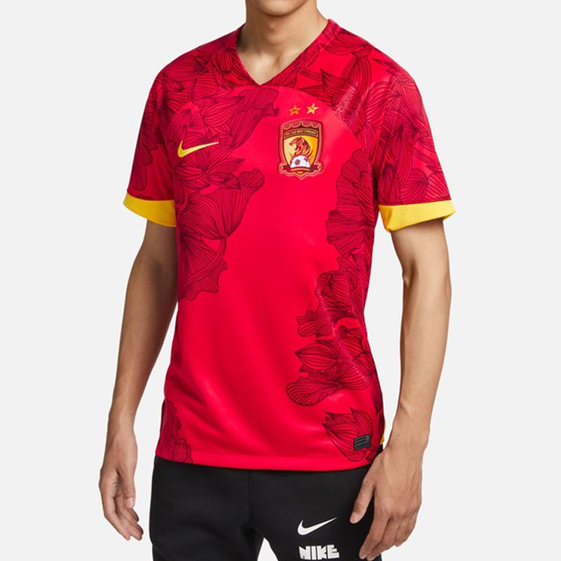 Nike Dri-Fit Pattern Print Colorblock Quick-Dry Breathable Soccer Jersey, Super League SS23 Supporter Edition, Guangzhou Home Men Tops FV3513-657