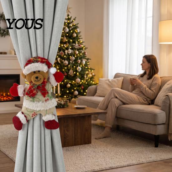 Christmas Curtain Tiebacks for Living Room 2Pcs Santa Tiebacks, Dancing Reindeer Holdders, Metal Clip Theme Holders Office Cute Bear Holdbacks Window