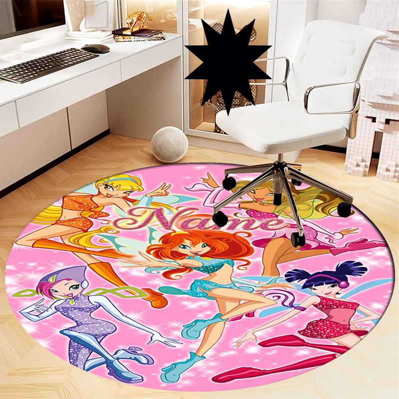 Custom Name Winx Club Printed Round Rug Carpet Chair Rug Area Rug Entryway Doormats,for Office Chair Living Room Bedroom Kitchen Room.