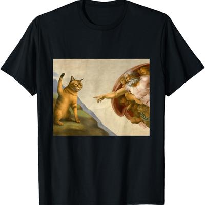Lustiges Katzen Gott Schöpfung Adams-Michelangelo Jesus Kunst Meme T-Shirt für Männer Frauen