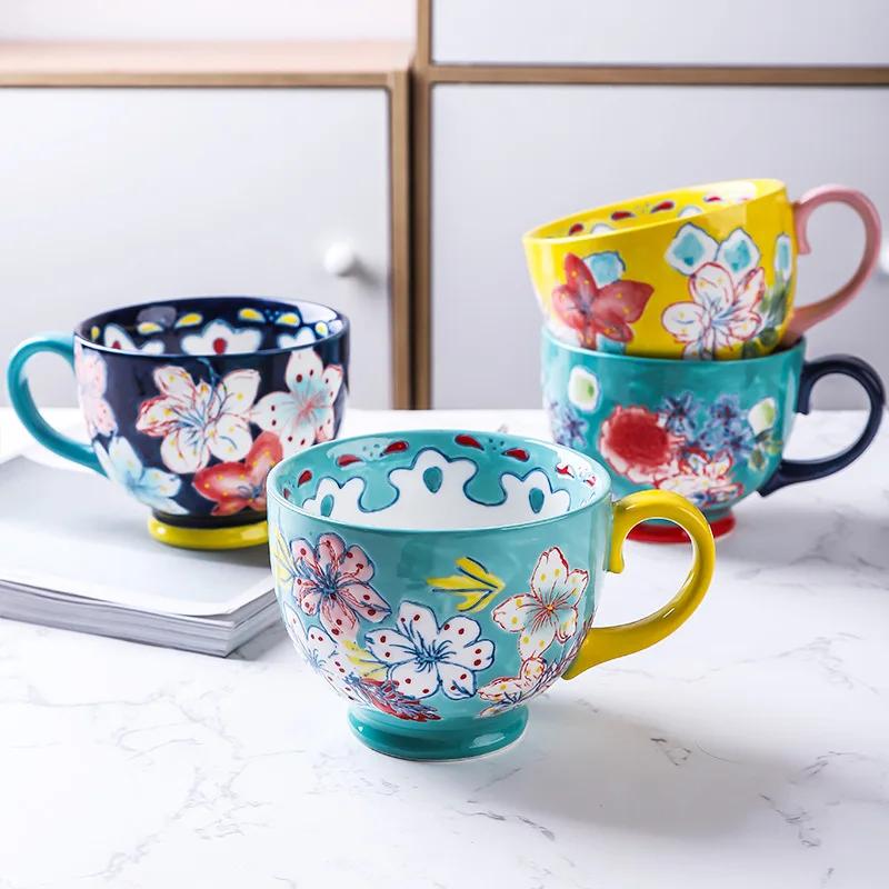 Ceramic Coffee Mugs and Cups Office Using Porcelain Creative Drinking Water Mug Capacity Hand Painted Flower Household Large Cup