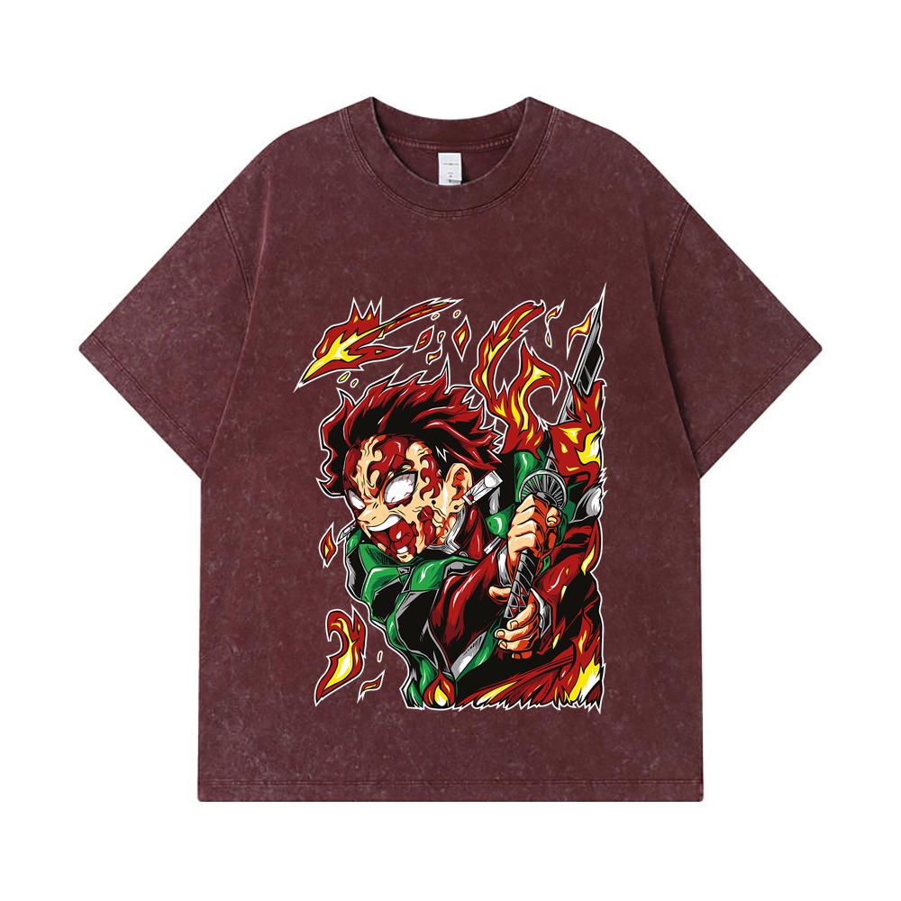 275 GSM Washed T-shirts 100% Cotton Demon Slayer V101 Tanjiro Print Unisex Heavy Cotton T Shirt