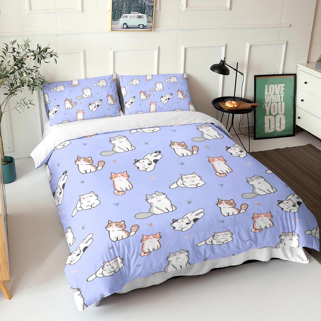 Kawaii Cat Duvet Cover Set for GirlsCute Cartoon Animal Kitten Bedding Set Lovely Romantic Theme Soft Comforter Cover Full Size