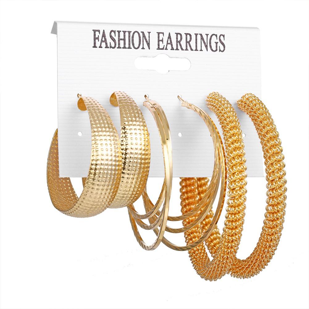 3 Pairs Of Earrings Alloy Creative Retro Style Exaggerated Golden Metal Earring Set
