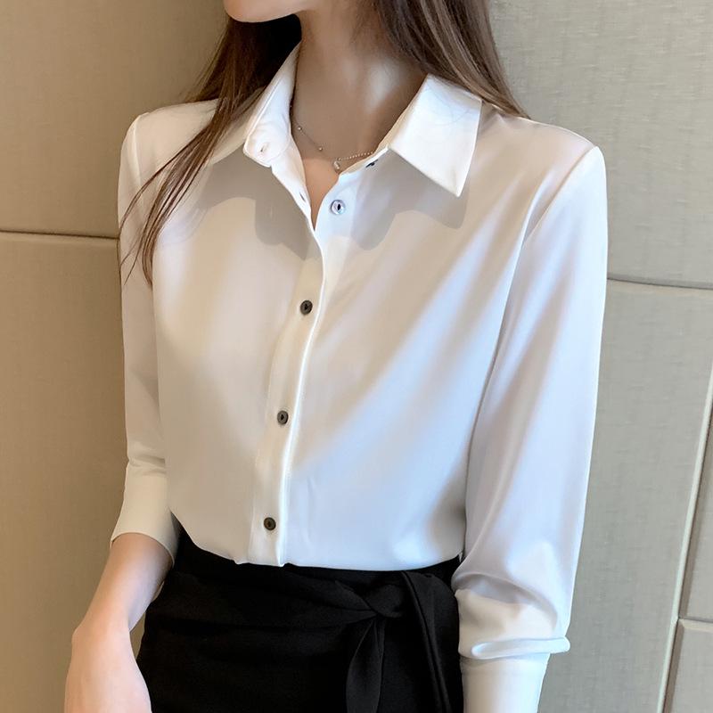 Women's Ash Blue Satin Long Sleeve Shirt - Retro Hong Kong Style, Spring Commute, Concealed Placket, Versatile Drapey Blouse