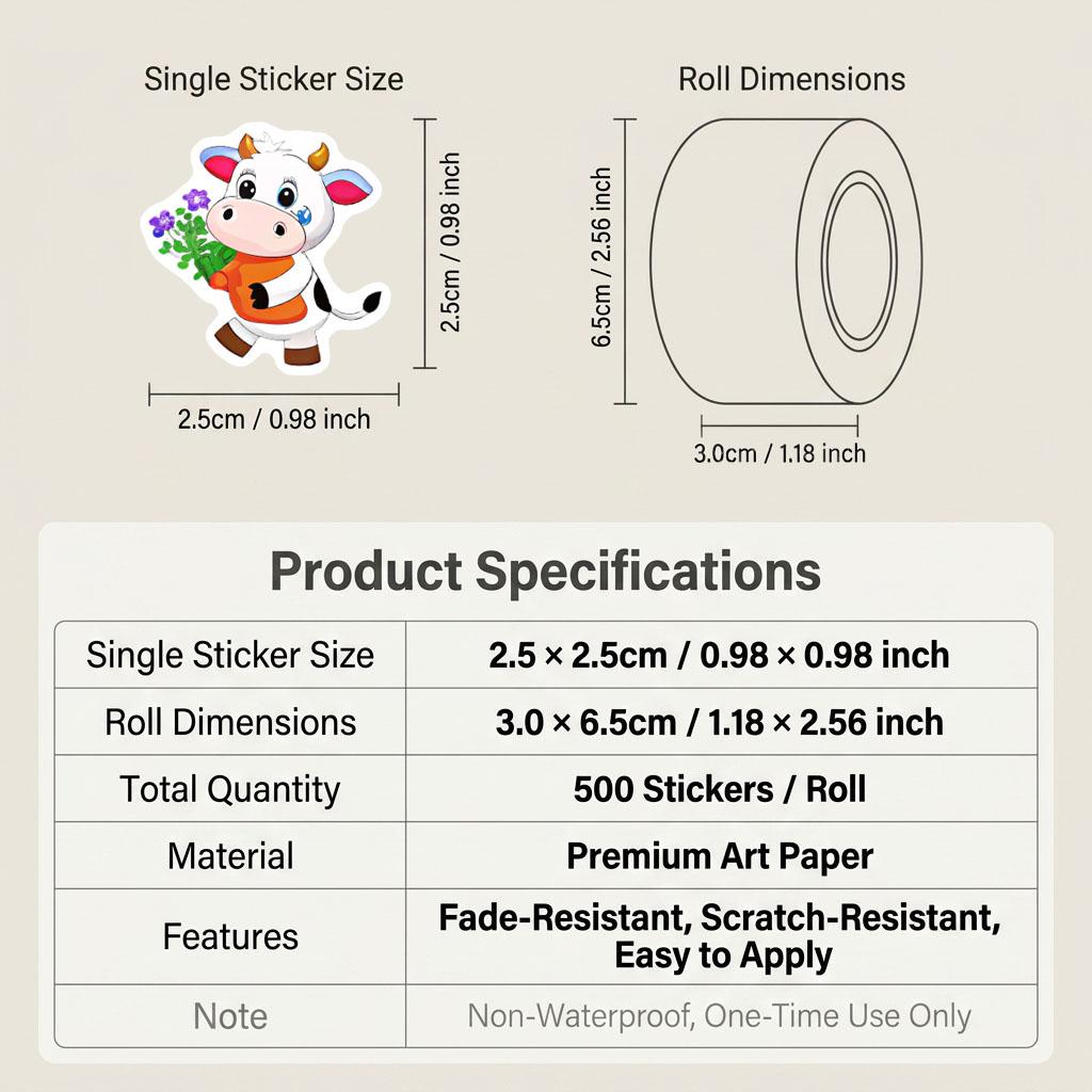 500Pcs/Roll Cute Hard-Working Cows Stickers 2.5cm/1.0'' 8 Designs Decals Diy Adorn Gifts Packaging Home Decoration Sealing Label